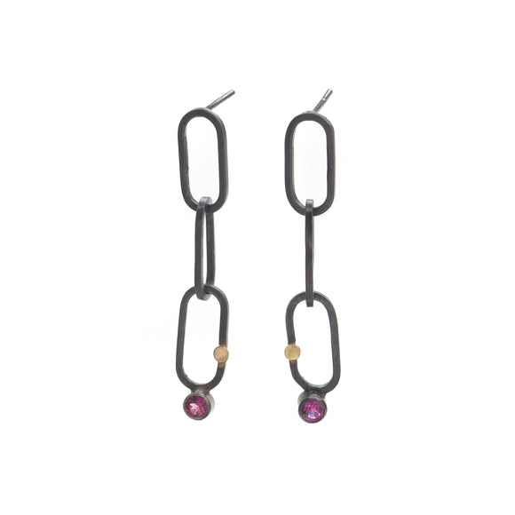 Chain Earrings with Garnet and Gold Dot
