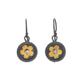 Hammered-edge Round Dangle Earrings with Gold Flower and Topaz