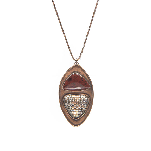 Bronze Pendant Necklace with Woven Metal and Agate