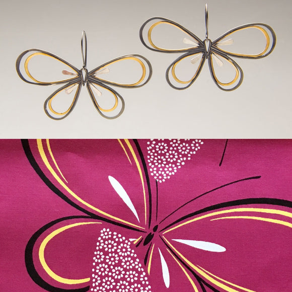 Dana Cassara - Yukata Jewelry Show  Hopeful Butterfly dangles silver and bass butterfly hoop earrings vintage Japanese cotton