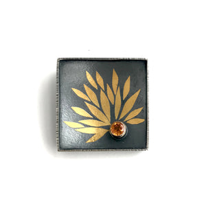 "Lotus Flower Brooch" in Silver with 24k Gold Keum-Boo and Sapphire sterling