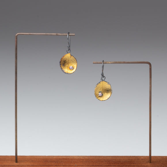  ﻿Small dangle gilded leaf earrings gold oxidized silver pearl