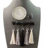 Statemeant2020 sterling silver, fine silver, black coral (found), vintage mother-of-pearl button, sea shell, brass.